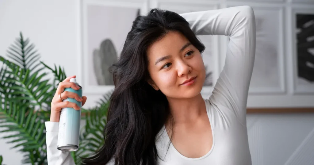 Woman applying hair care product, showcasing hair replacement preparation techniques in Birmingham salon