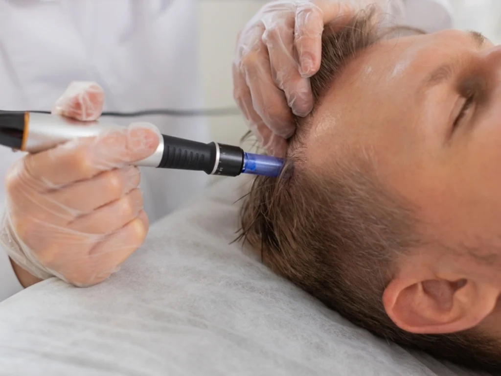 A man undergoing Exosome Therapy for hair growth, with a practitioner applying treatment using a micro-needling tool.
