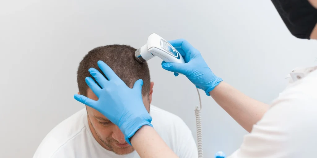 Man undergoing Laser Hair Growth Treatment with a handheld device applied to scalp by a specialist wearing blue gloves.