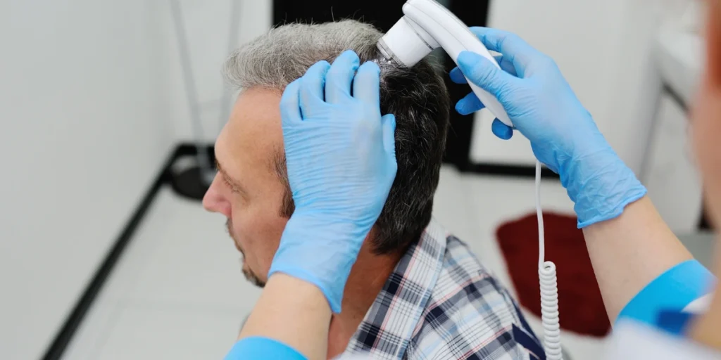Older man receiving Laser Hair Growth Treatment on gray hair, with technician using a laser device in clinical setting.
