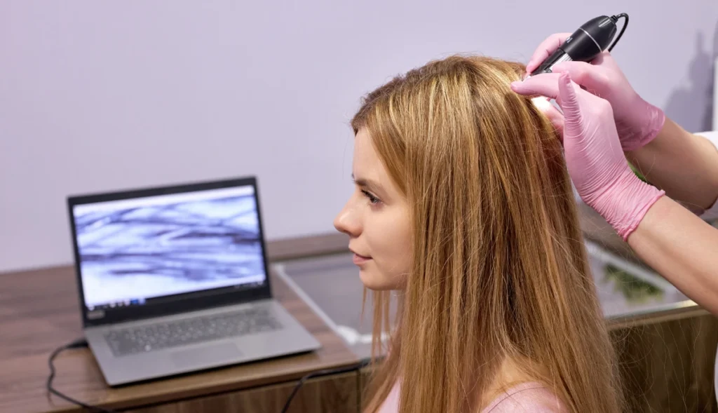 Woman receiving Laser Hair Growth Treatment with scalp analysis device connected to a laptop showing hair follicles.
