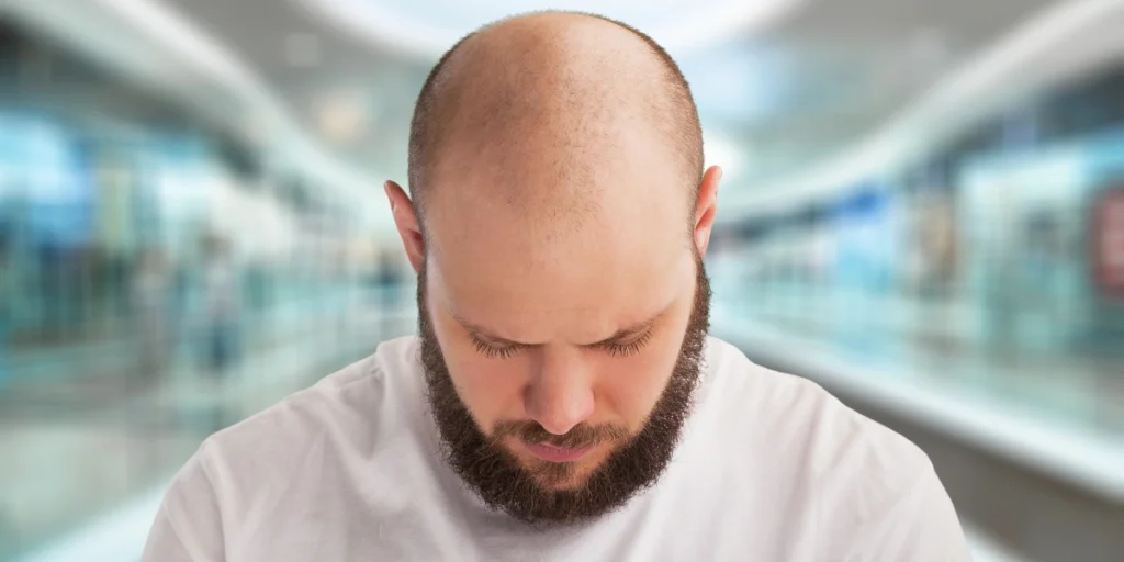 Bearded man looking down, revealing thinning hair – Best Tips for Male Hair Loss and receding hairline solutions.