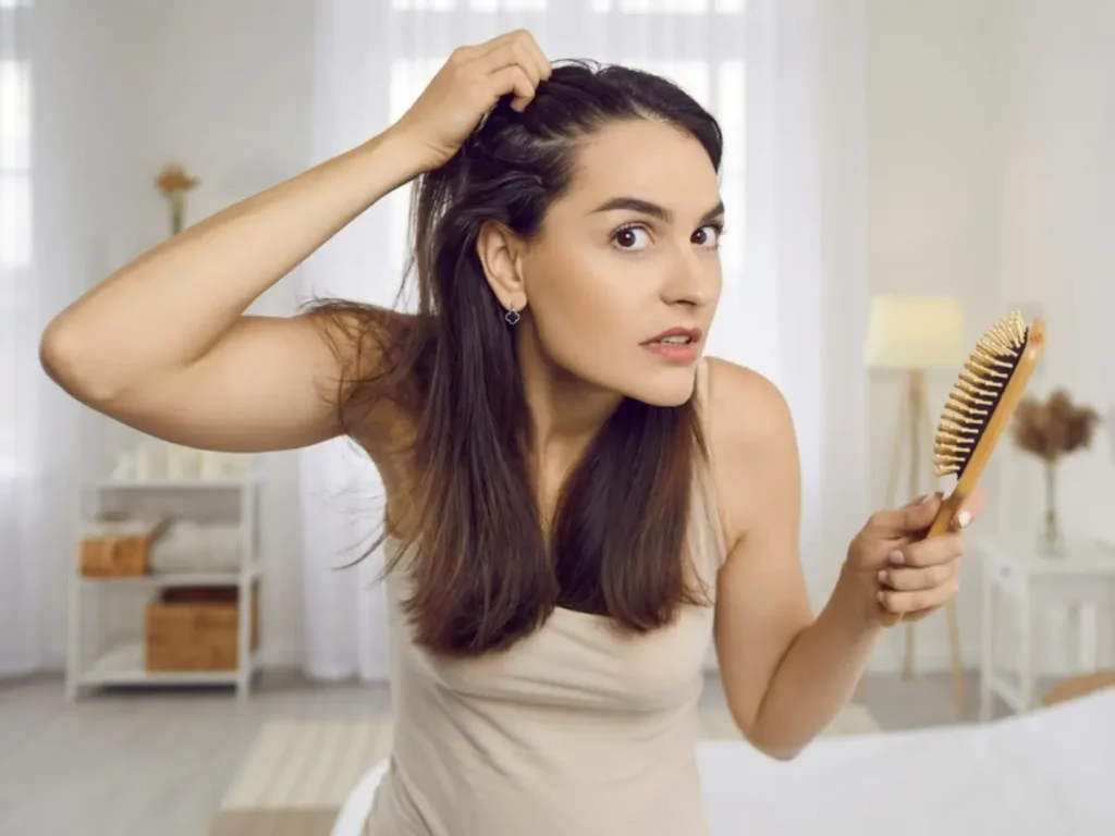 Worried woman checking hairbrush for hair fall, concerned about Female Pattern Baldness at home.