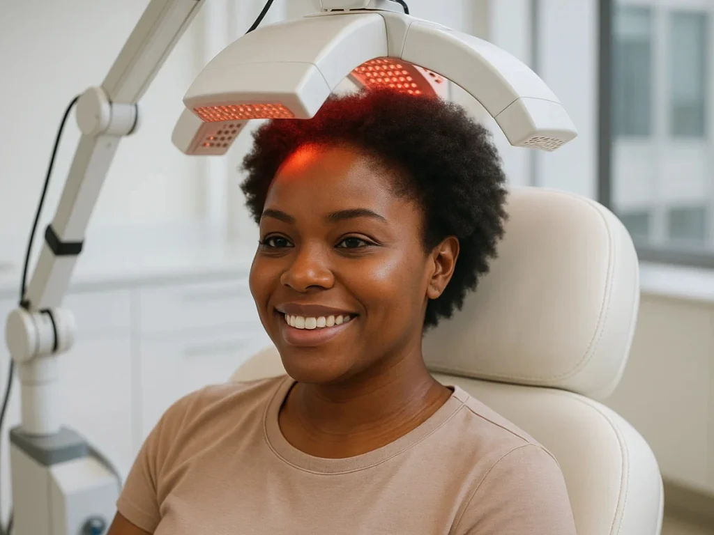Black woman smiling while receiving Laser Hair Regrowth therapy in a clinic.