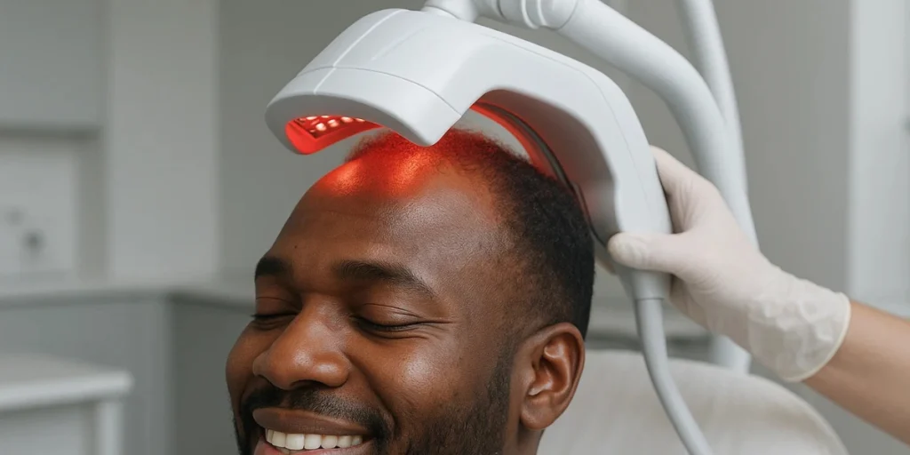 Black man smiling during Laser Hair Regrowth treatment in a modern clinic.