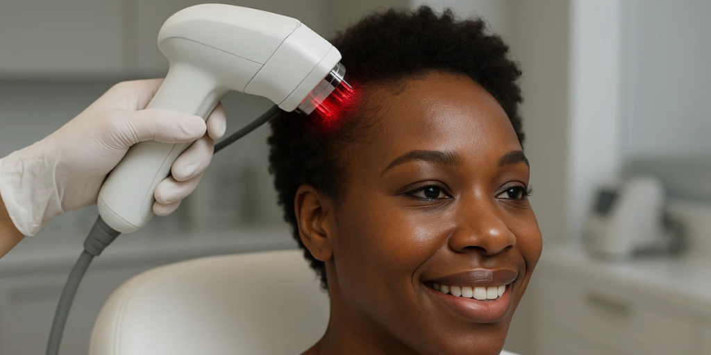 Black woman undergoing Laser Hair Regrowth procedure with handheld device.