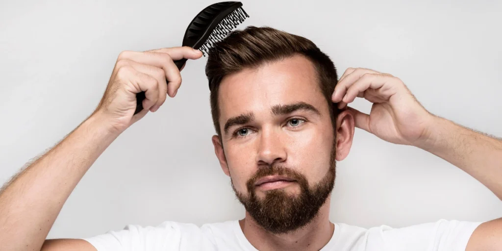 Bearded man styling his hair with brush, demonstrating realistic volume of Mens Hair Systems.
