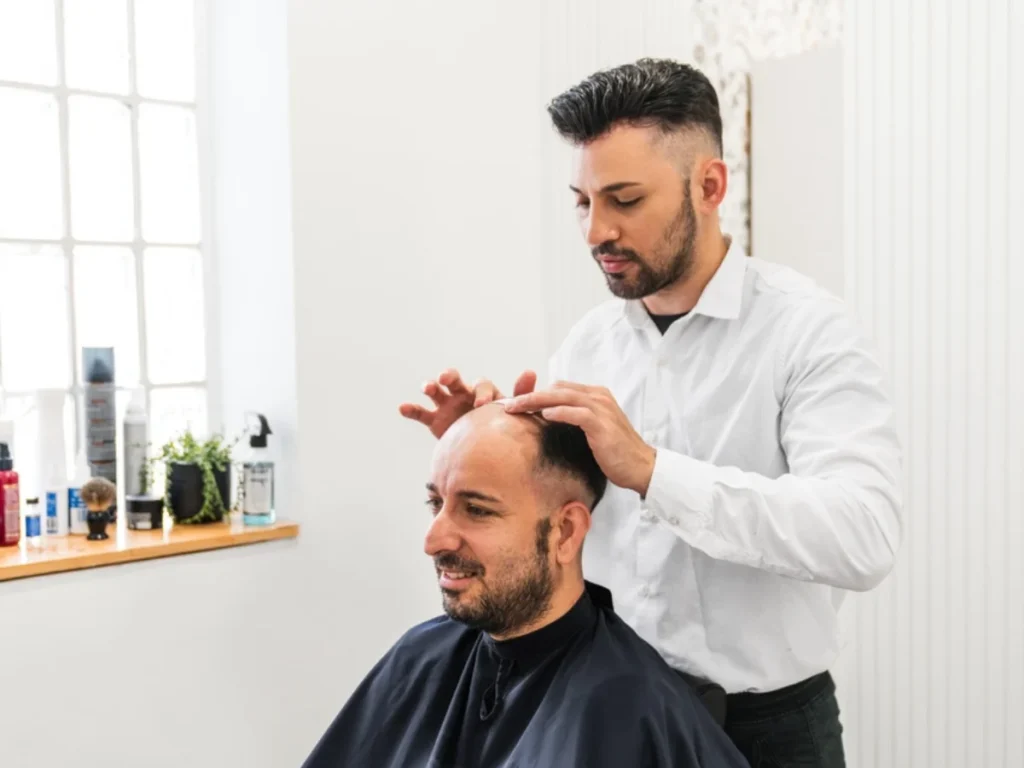 Hair specialist examining scalp of client in salon – Custom Hairpieces in Birmingham.