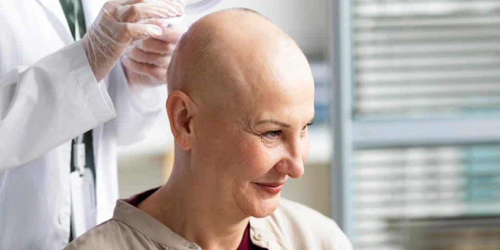 Smiling woman during scalp checkup after chemotherapy – Clinical Trials Chemotherapy UK