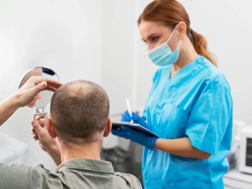 Doctor consulting patient about hair regrowth after chemotherapy – Clinical Trials Chemotherapy UK