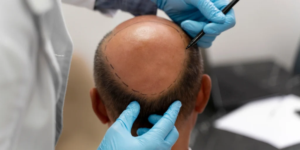 Surgeon drawing hairline outline on bald scalp for treatment planning with Men’s Hair Systems.