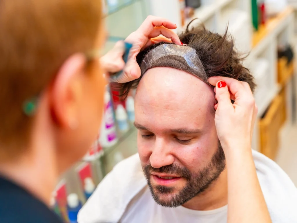 Specialist applying a realistic hair patch on client’s scalp in salon using Men’s Hair Systems.