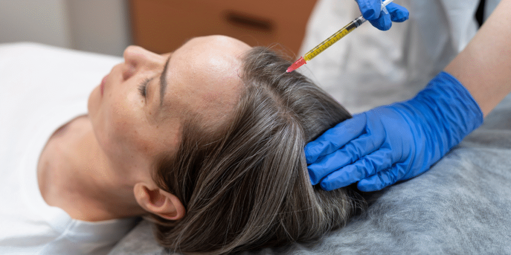 Close-up of PRP Hair Restoration Before and After scalp injection therapy for hair regrowth.