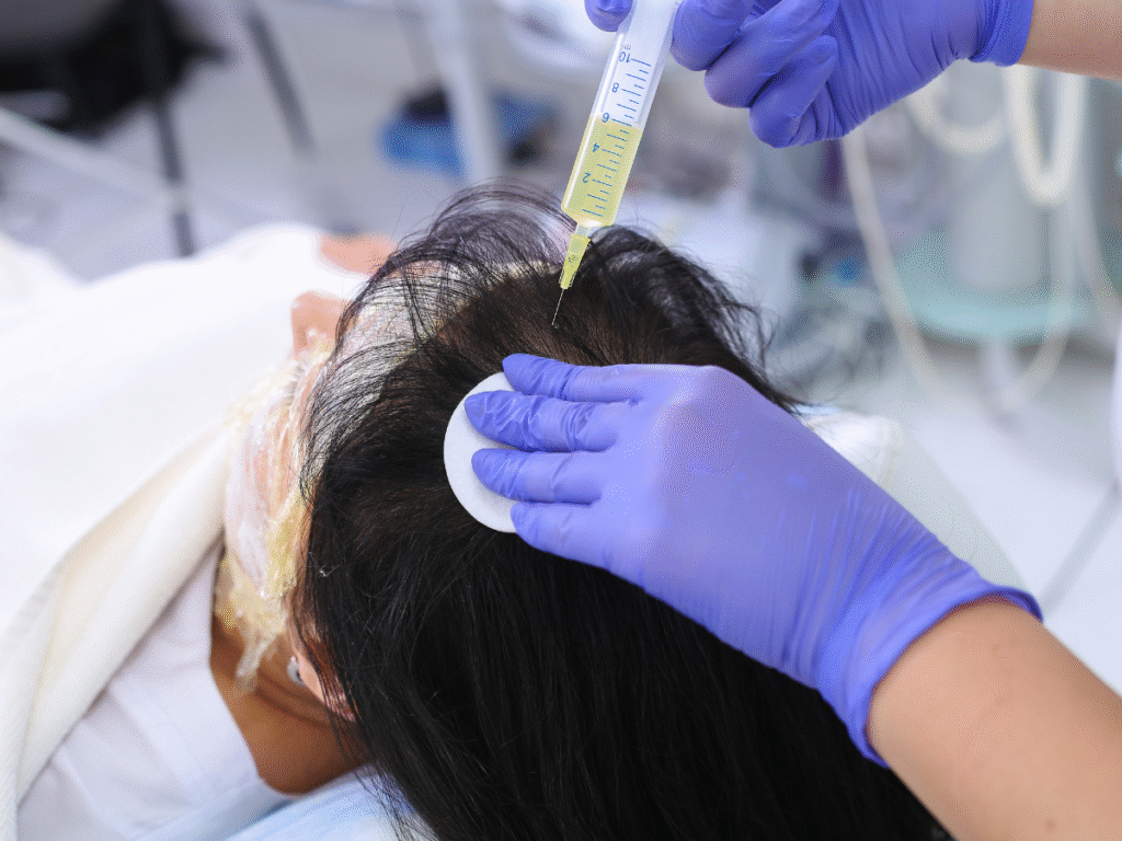PRP Hair Restoration Before and After procedure showing platelet-rich plasma injection on scalp.