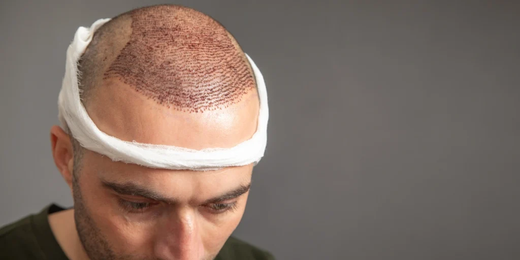 Man recovering after Hair Transplants in Birmingham with bandage around head and visible grafts.