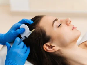 Woman receiving scalp injection therapy Mesotherapy for Hair Worth the Cost? Learn how it restores natural hair growth.
