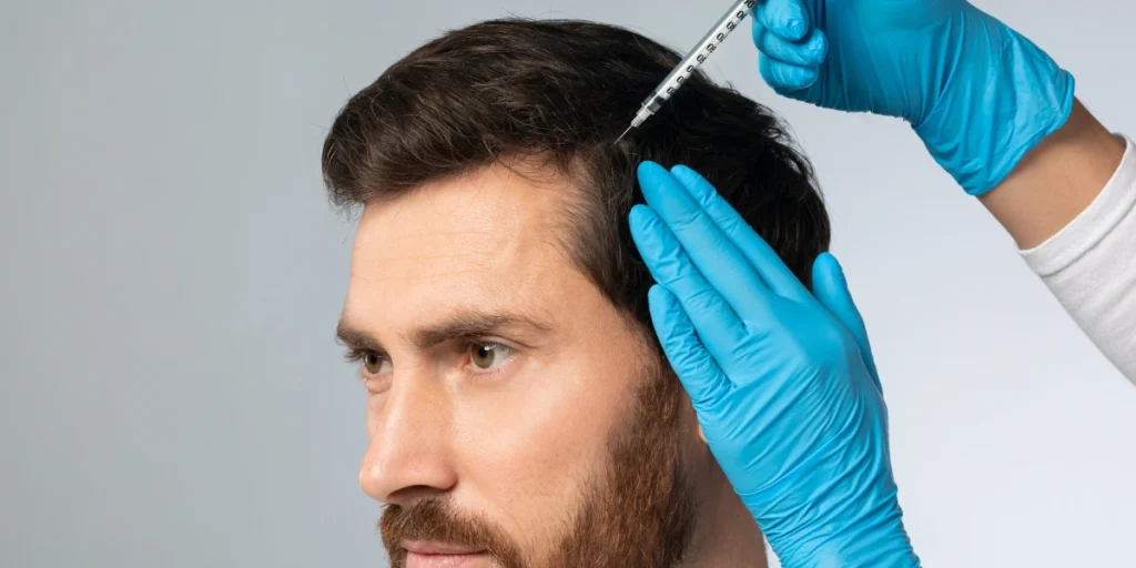 Professional performing scalp therapy using device for microneedling hair growth Birmingham to improve hair density and circulation.