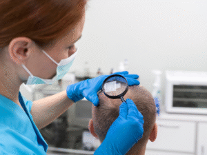 Specialist performing Hair Analysis on a man's scalp using a magnifying tool in a clinical setting.