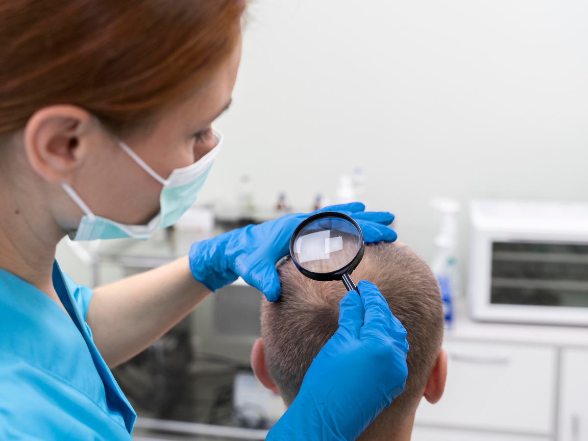 Specialist performing Hair Analysis on a man's scalp using a magnifying tool in a clinical setting.