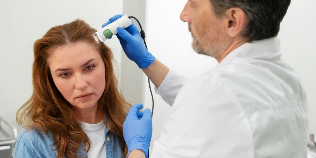 Hair Regrowth Treatment on scalp as a dermatologist examines hair follicles using advanced medical equipment.