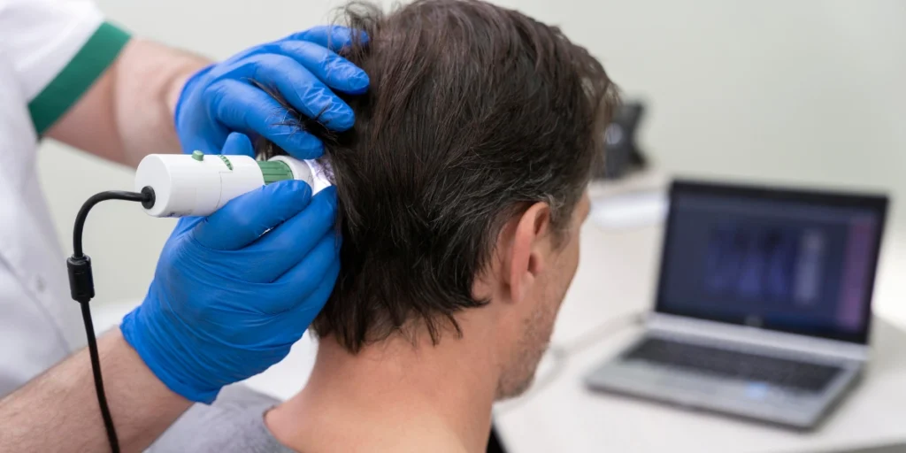 Hair Regrowth Treatment procedure on the back of the scalp performed by a specialist with precision diagnostic tools.