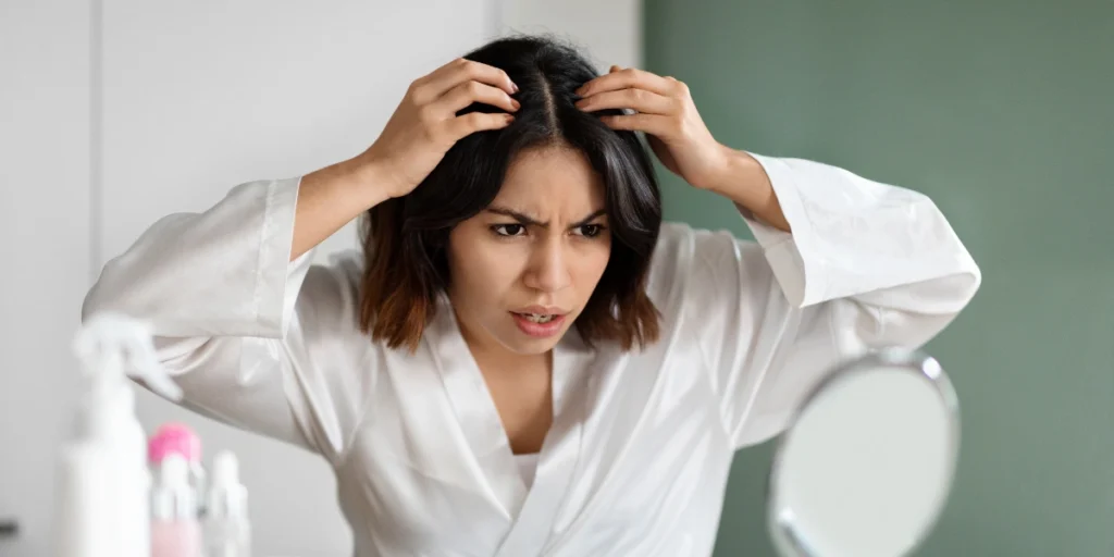 Woman pulling hair apart and inspecting scalp for hair loss symptoms associated with Trichotillomania UK.