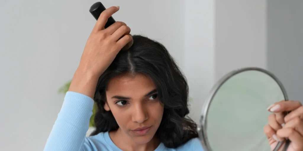 Woman checking scalp parting with mirror, highlighting hair thinning concerns linked to Trichotillomania UK.