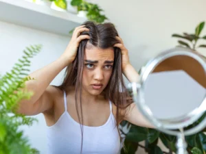 Woman distressed while examining scalp hair loss in mirror, showing signs of Trichotillomania UK.