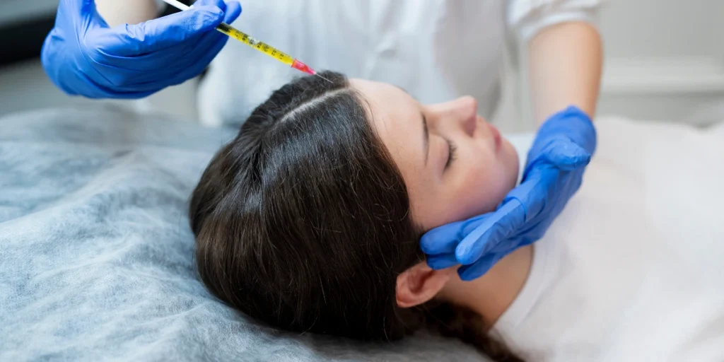 Is Hair Exosome Treatment Birmingham with specialist applying advanced exosome serum to scalp for hair restoration