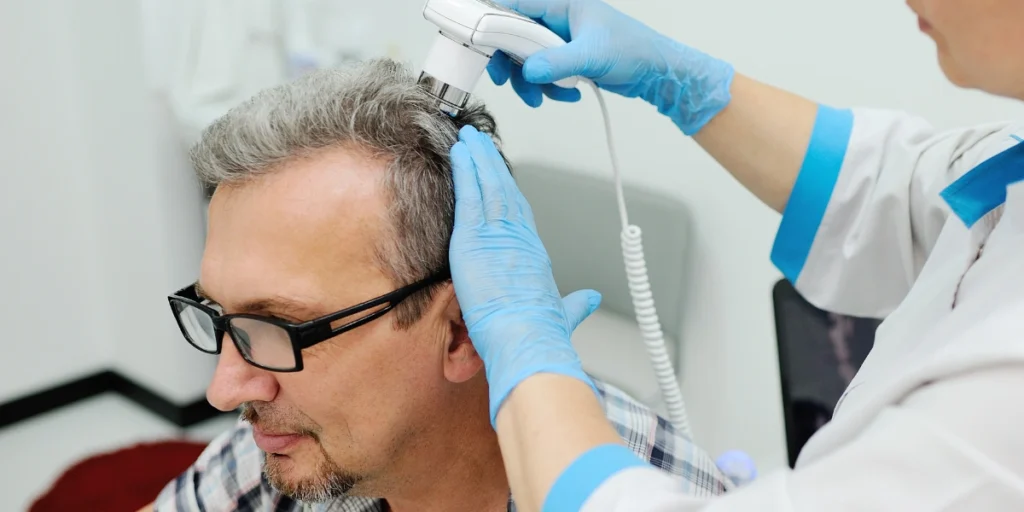 Hair Loss Solutions consultation with a specialist examining a man’s scalp using advanced diagnostic equipment
