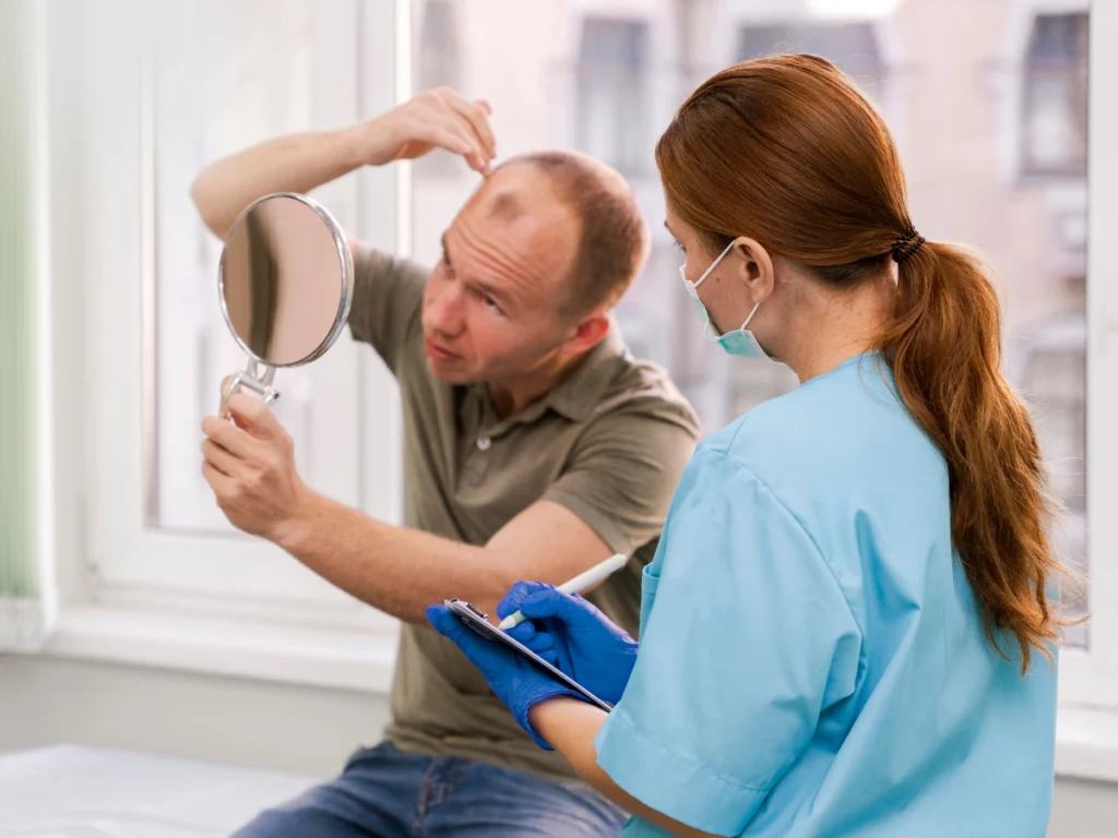 Hair Loss Solutions consultation showing a healthcare professional reviewing a man’s receding hairline in a clinic