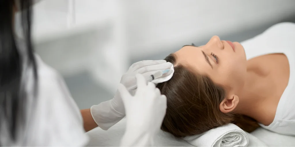 Female patient receiving scalp injections for Regenerative Hair Restoration UK treatment.