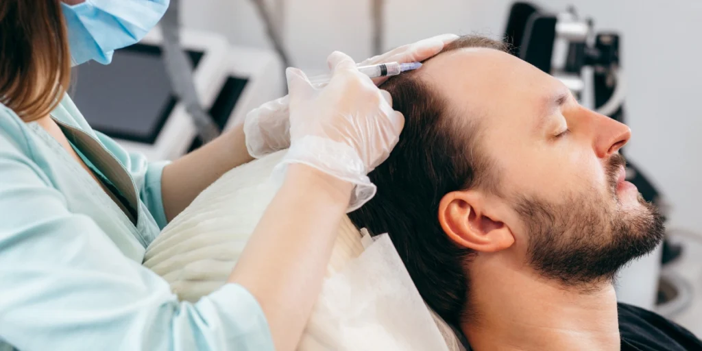 Male client undergoing PRP scalp therapy for Regenerative Hair Restoration UK clinic.