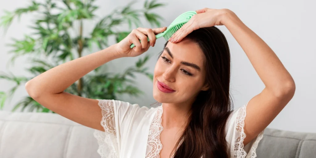 Woman using comb at home as part of Regenerative hair care UK routine for healthier, stronger hair