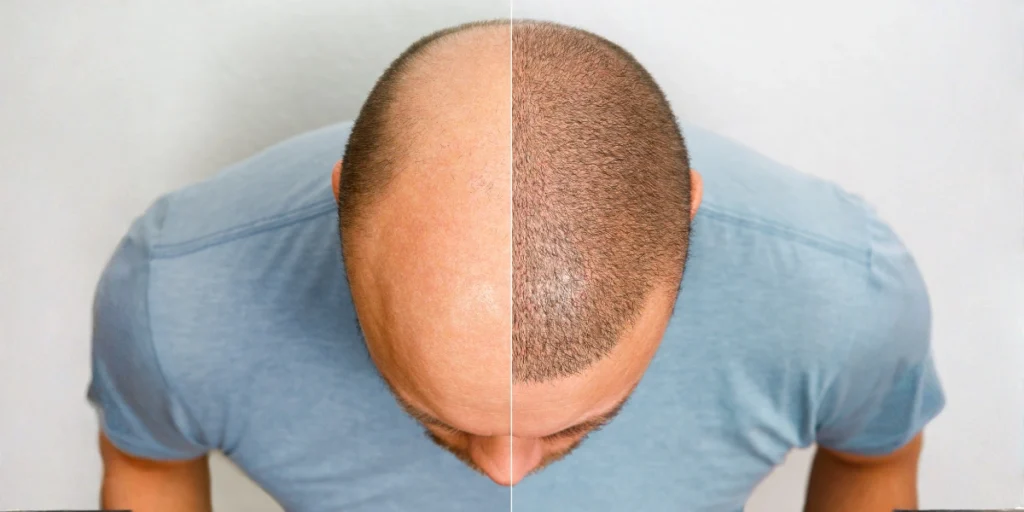 Top view comparison after hair transplant Birmingham demonstrating natural hairline restoration and density