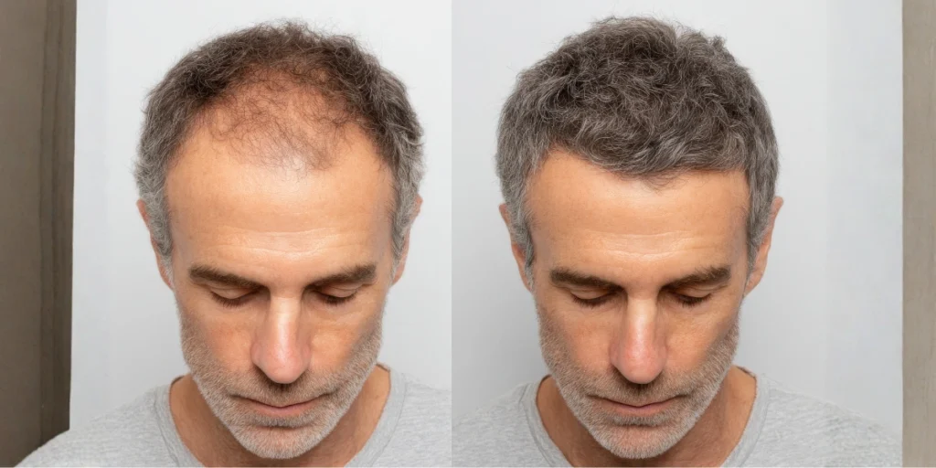 Before and after results of hair transplant Birmingham showing fuller front hairline and improved density