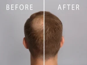 Crown area before and after hair transplant Birmingham with visible regrowth and thicker coverage