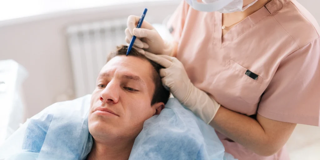 Doctor marking hairline before surgery, preparing patient for Best hair transplant UK 2026
