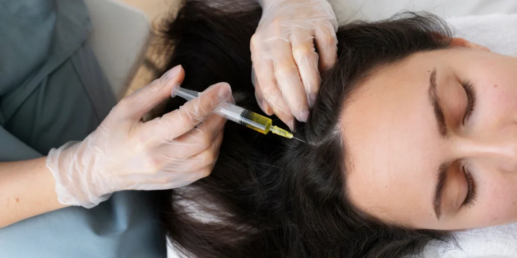 Exosome therapy vs hair transplant UK close-up of scalp injection procedure for hair loss treatment and regrowth