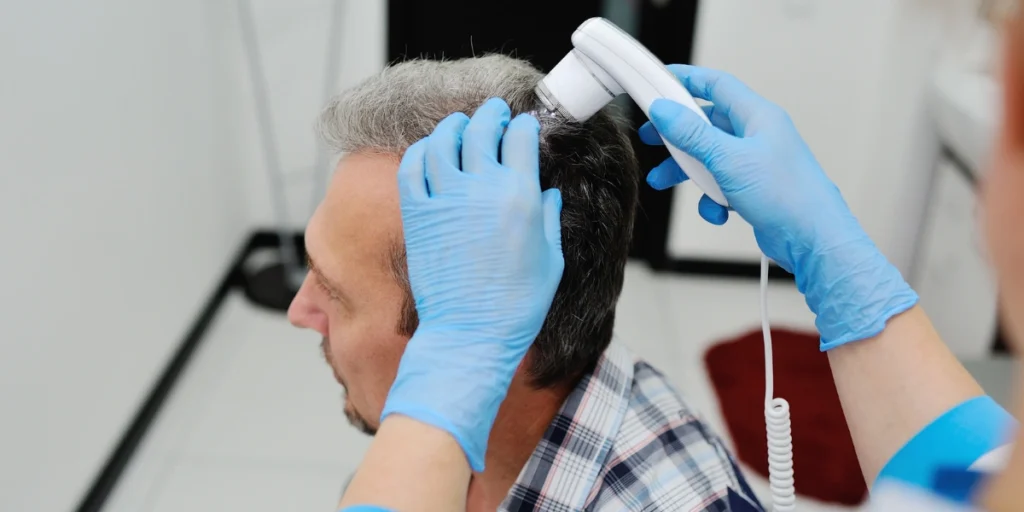Specialist using scalp stimulation device during treatment – Hair transplant alternatives Birmingham clinic procedure