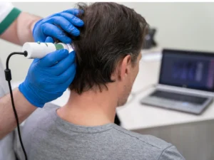 Close-up scalp analysis with hair diagnostic device showing modern Hair transplant alternatives Birmingham treatment