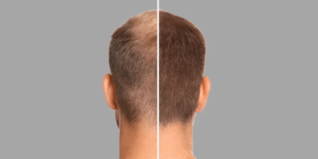 Crown thinning vs restored density comparison highlighting successful hair transplant longevity UK results