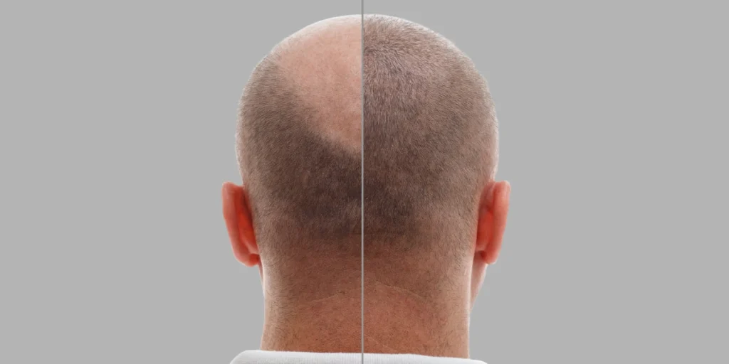 Top scalp before and after hair regrowth demonstrating natural coverage and hair transplant longevity UK outcome