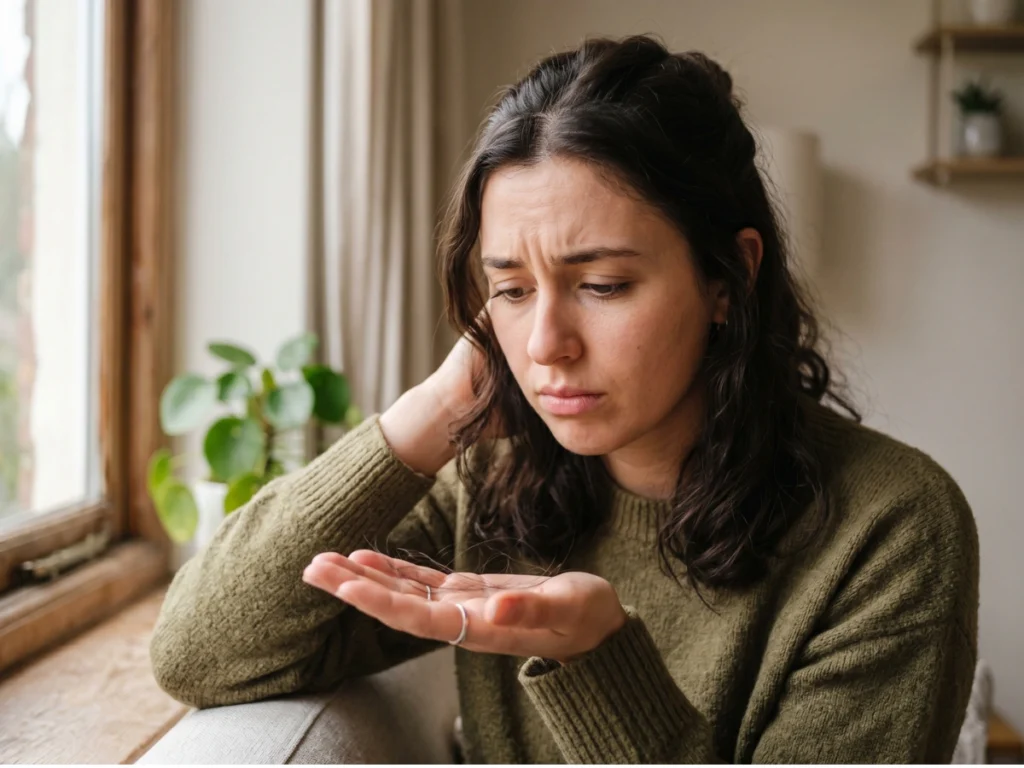 Woman holding fallen hair, highlighting Birmingham hard water hair loss and thinning issues