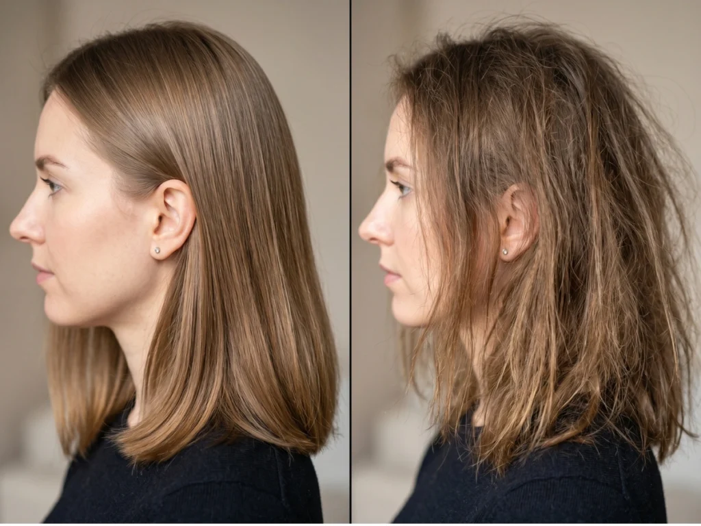 Smooth vs frizzy hair comparison showing effects of Birmingham hard water hair loss and dryness