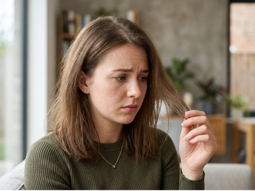 Woman checking damaged hair strands linked to Birmingham hard water hair loss concerns