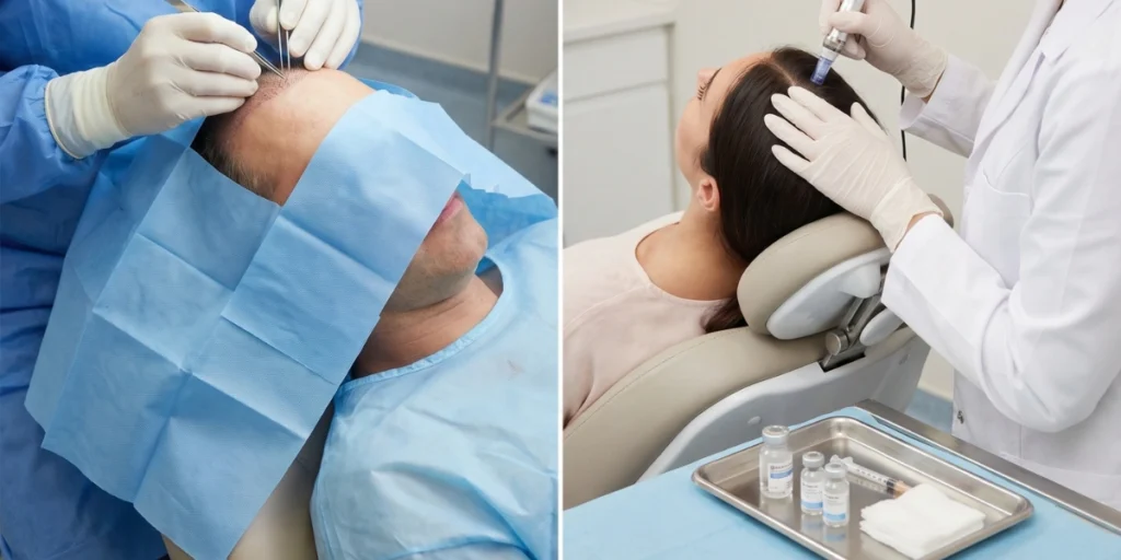 Exosome Therapy vs. Hair Transplants procedure comparison showing surgical transplant and non-surgical scalp therapy