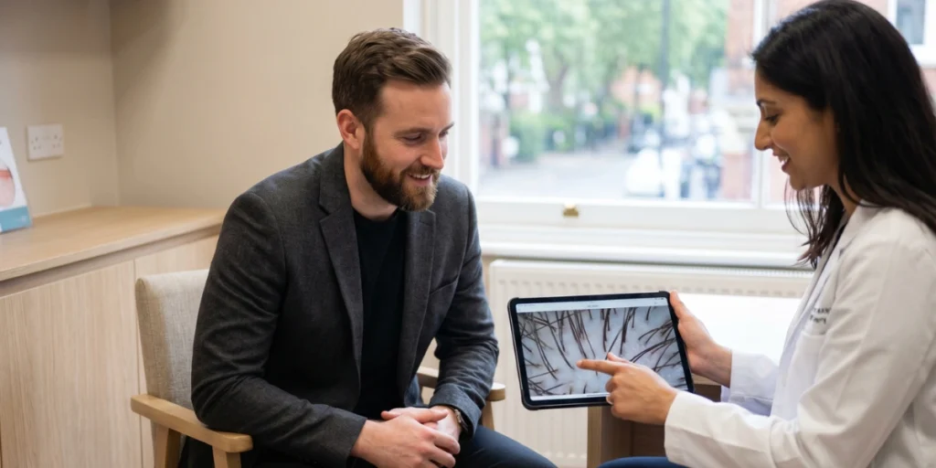 Exosome Therapy vs. Hair Transplants consultation showing scalp analysis and patient discussion in clinic